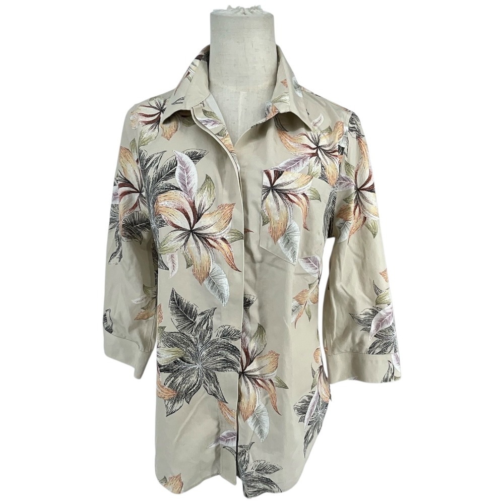 Chicos Tan Floral Print 3/4 Sleeve Button Front Shirt Womens Sz 0 Sm Us 4 Casual